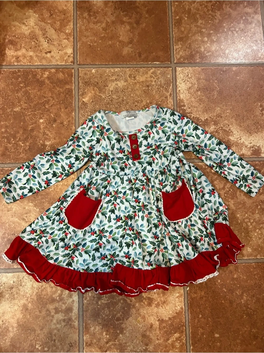 Girls Holiday Holly Print Dress with Red Pockets